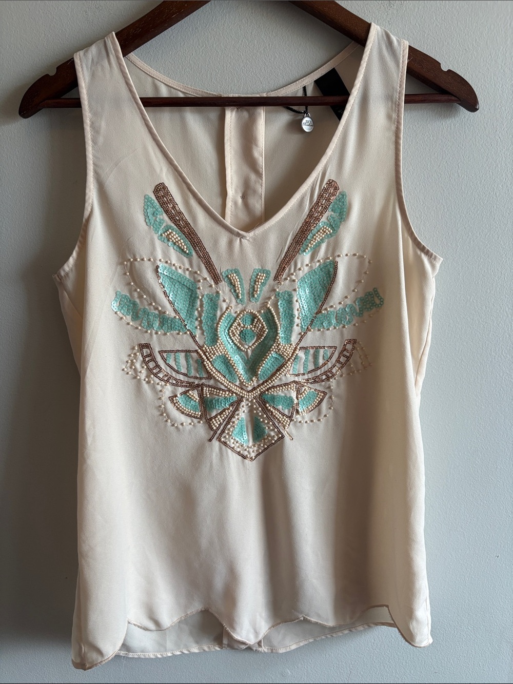 RKE Boutique Beaded Sequin Sleeveless Blouse Cream V-Neck Boho Top Small